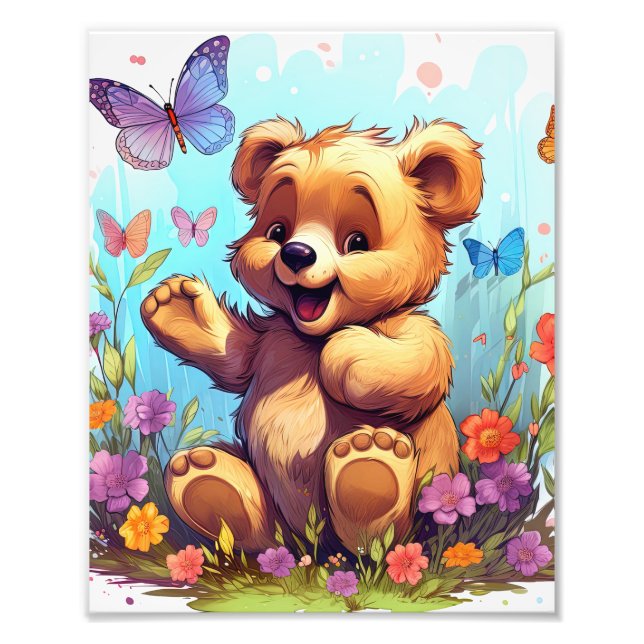 Foto Oso feliz con mariposa y flor (Frente)