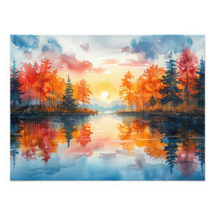 Foto Otoño, vibrante puesta de sol sobre un lago de art