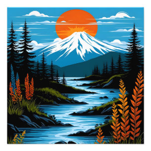 Foto Paisaje de montaña Retro Ilustracion Azul Rojo