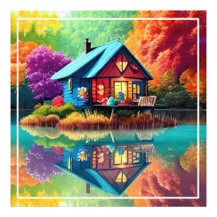 Foto Paisaje natural con lago, cabaña, otoño