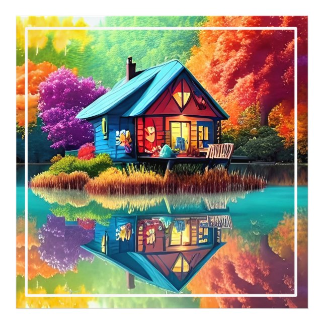 Foto Paisaje natural con lago, cabaña, otoño (Frente)