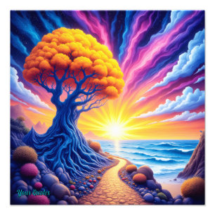 Foto Paisaje Surrealista de Puesta de Sol con Árbol Psi