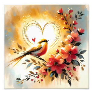 Foto Pájaro Cantante Dorado con Flores de Coral y Coraz