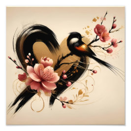 Foto Pájaro Negro y Corazón de Flor de Cerezo