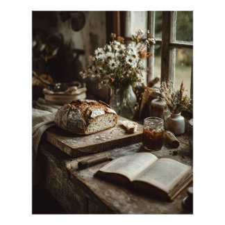 Foto Pan de masa madre rústico y flores silvestres