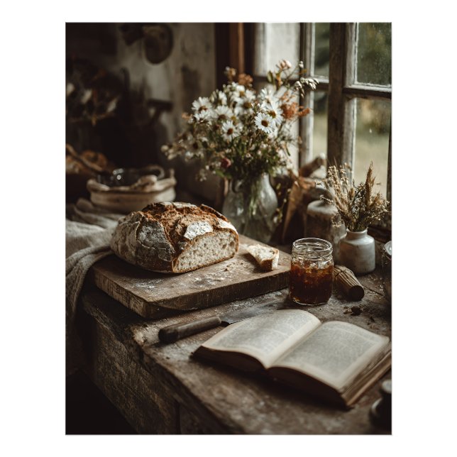 Foto Pan de masa madre rústico y flores silvestres (Frente)