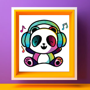 Foto Panda feliz con auriculares escuchando música.