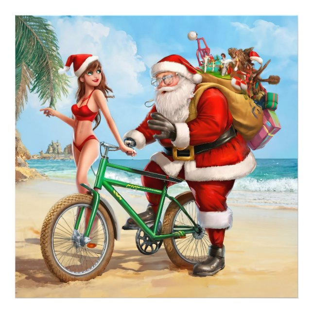 Foto Papá Noel en la playa, ¡Feliz Navidad! (Frente)