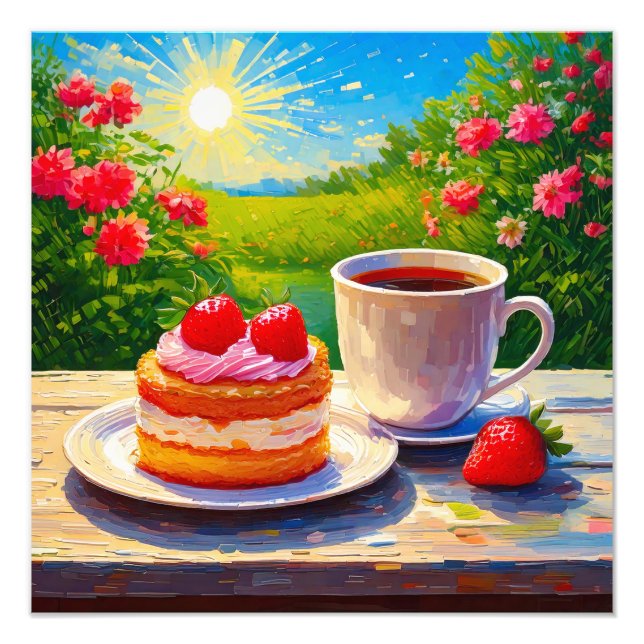 Foto Pastel de fresa y deplante de café (Frente)