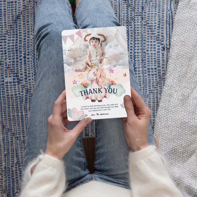 Foto Pastel Unicornio Tarjeta de agradecimiento po (Pastel Unicorn Kids Birthday ThankYou Card)