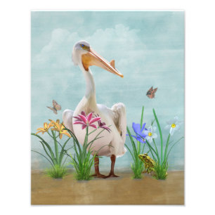 Foto Pelícano blanco con flores y mariposas