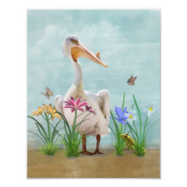 Foto Pelícano blanco con flores y mariposas (Frente)