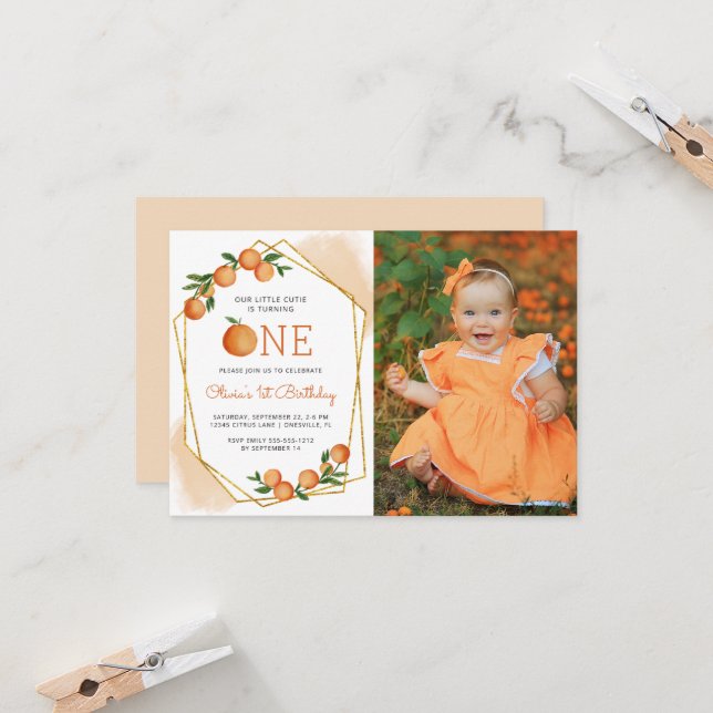 Foto Pequeña Naranja de Cutie Invitación de cumple (Anverso/Reverso In Situ)
