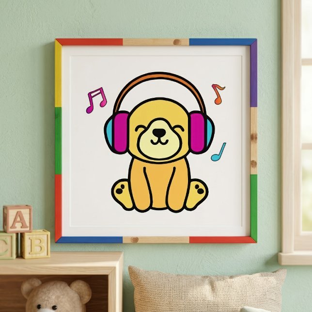 Foto Perro cachorro Kawaii sonriendo con auriculares co (Kawaii Dog Puppy Smiling with Colorful Headphones. Photo Print)