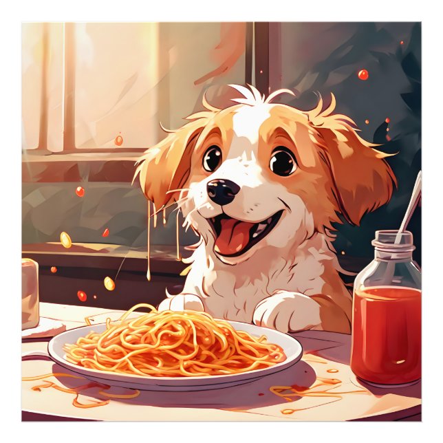 Foto Perro comiendo espagueti (Frente)