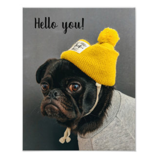 Foto Perro de pug lindo con un poster amarillo en la pa