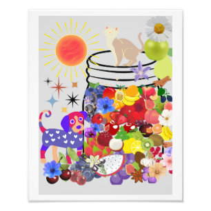 Foto perro, gato y frutas y flores