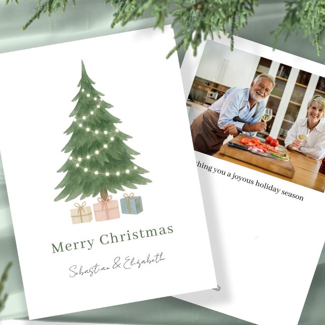 Foto personalizada de árbol de navidad acuarela (Watercolor Christmas Tree Photo Personalized Holiday Card by Ricaso Add own photograph and message)