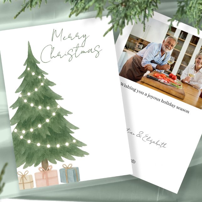 Foto personalizada de árbol de navidad acuarela (Watercolor Christmas Tree Photo Personalized Holiday Card by Ricaso. Add your photograph and text)