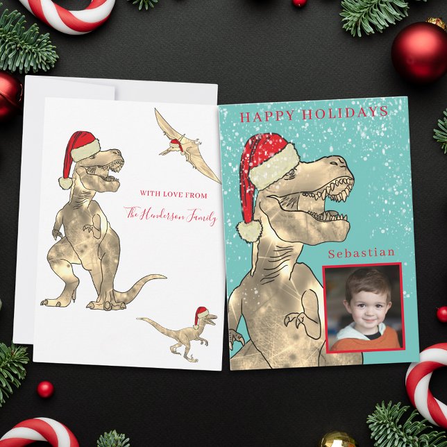 Foto personalizada de dinosaurio de Navidad (Christmas dinosaur in the snow custom photo holiday greetings card)