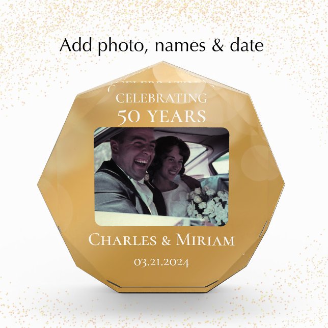 Foto personalizado 50 Aniversario de Oro Regalo Ke (Create a golden wedding anniversary photo keepsake gift. Personalize acrylic photo block with names.)
