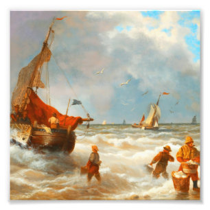 Foto Pescadores Vintage y Barcos de Vela Mar Agitado