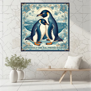 Foto Pingüino Art Deco Hielo Pareja de Aves Floral Ocea