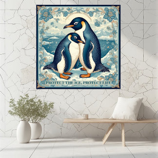 Foto Pingüino Art Deco Hielo Pareja de Aves Floral Ocea