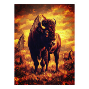 Foto Pintura al óleo de bisonte majestuoso: puesta de s