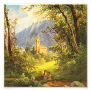 Foto Pintura al óleo de iglesia de montaña europea vint