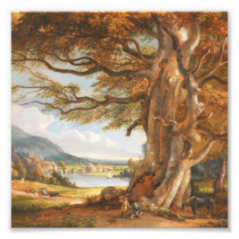 Foto Pintura al óleo de paisaje de río con antiguo árbo