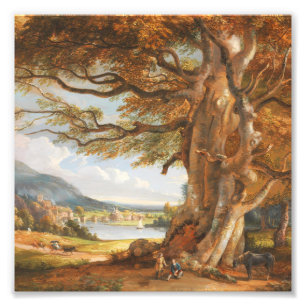 Foto Pintura al óleo de paisaje de río con antiguo árbo