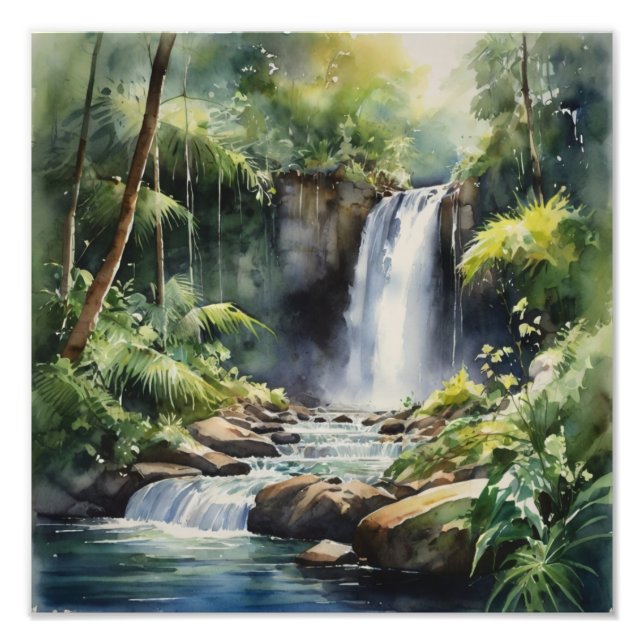 Foto Pintura de acuarela de cascada tropical (Frente)