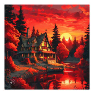 Foto Pintura de atardecer con cabaña y lago-66633