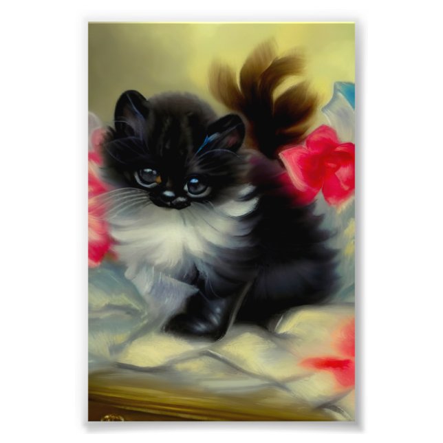 Foto Pintura de gatito blanco y negro vintage (Frente)