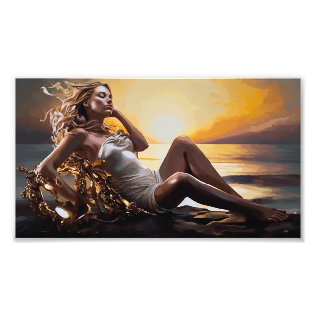 Foto Pintura de petróleo, mar dorado al atardecer (Frente)