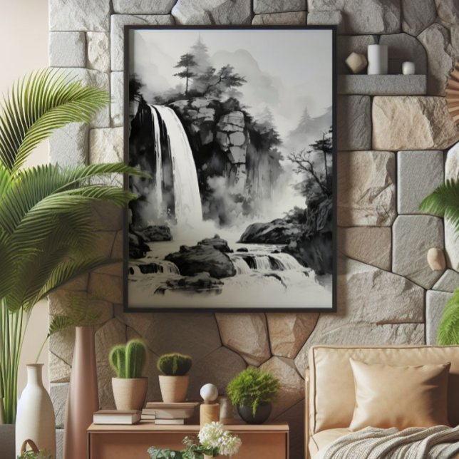 Foto Pintura de tinta asiática de cascada (Subido por el creador)