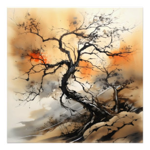 Foto Pintura de tinta de árbol negro naranja