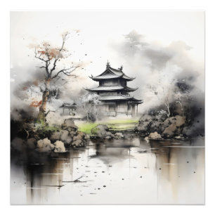 Foto Pintura de tinta de la casa y el lago