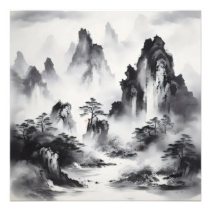 Foto Pintura de tinta de paisajes montañosos
