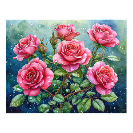 Foto Pintura en acuarela de rosas rosadas con gotas de