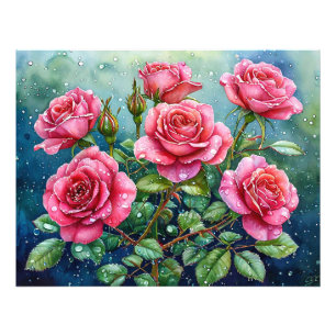 Foto Pintura en acuarela de rosas rosadas con gotas de 