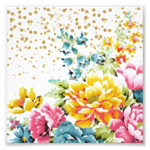 Foto pintura floral acuarela y dibujos de confeti dorad