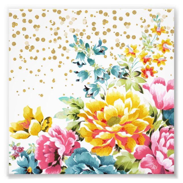 Foto pintura floral acuarela y dibujos de confeti dorad (Frente)