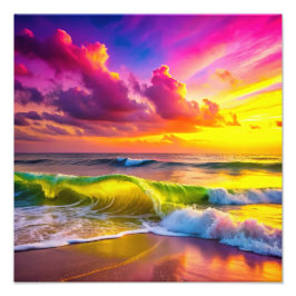 Foto Playa con olas de océano amarillo y rosa vibrantes