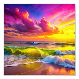 Foto Playa con olas de océano amarillo y rosa vibrantes