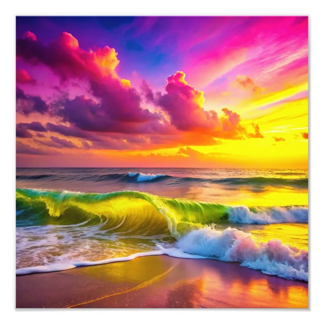 Foto Playa con olas de océano amarillo y rosa vibrantes (Frente)