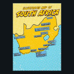 Foto Pop Art Ilustrado Sudáfrica<br><div class="desc">Este mapa ilustrado de Sudáfrica está representado en un vibrante estilo pop art. El mapa está delineado en negro y relleno con un color amarillo brillante,  sobre un fondo azul con un patrón punteado. Las principales ciudades de Sudáfrica están etiquetadas en cajas azules.</div>