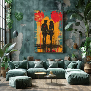 Foto Pop Art Romántico: Pareja con Globos de Corazón