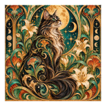 Póster Art Nouveau de Gato Místico y Luna